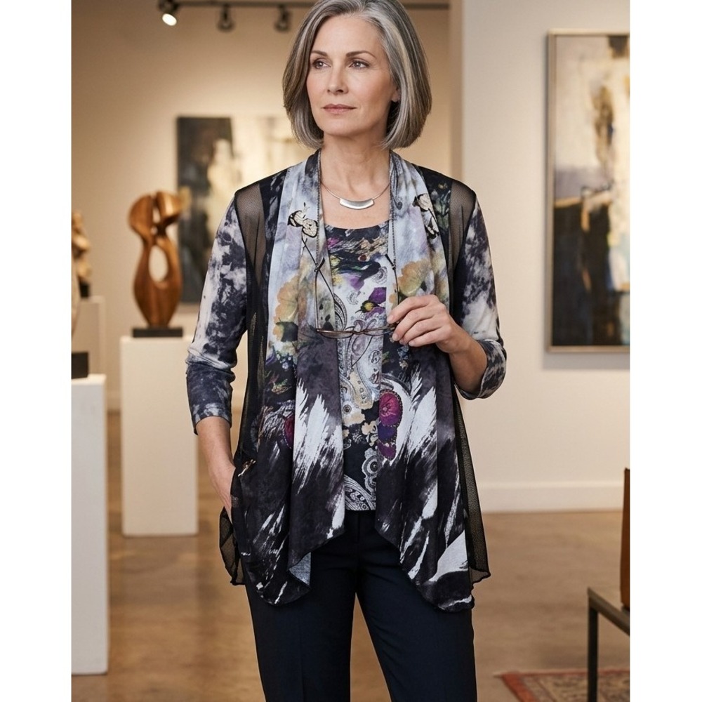 Avalin S Butterfly Floral on Black Open Mesh Cardigan Attached Tank Top Artistic